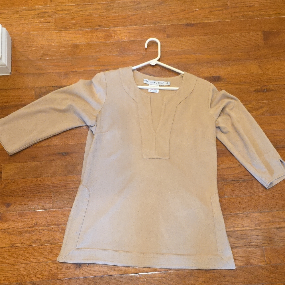 Gretchen Scott Designs Tan V-Neck Faux Suede Tunic Or Mini Dress
